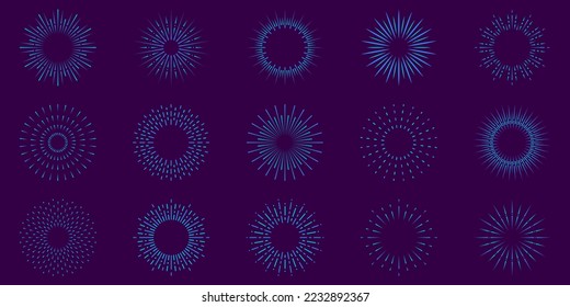Sunbeam Abstract Icon. Circle Radial Light Vintage Decoration Emblem. Sunburst, Sunlight, Sunbeam, Sunrise Retro Symbol. Sparkle of Starburst. Star Blast Collection. Isolated Vector Illustration.