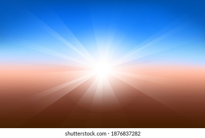 Sunbeam and blue sky illustration. Sunlight and horizon background