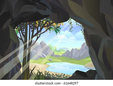 SUNBEAM  ENTERING CAVE CREATING A BEAUTIFUL  LAKESIDE VIEW