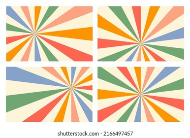 Sunbeam glow horizontal backgrounds in blue, red, yellow, green and beige colors. Trendy retro vector illustration. Circus poster or placard. Pastel colors