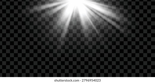 The sunbeam or light source, rays from above, isolated on transparent background, vector design