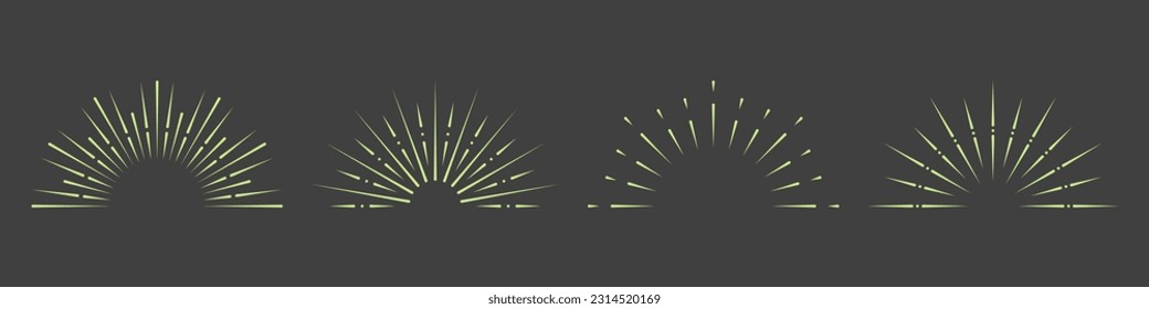 Colección de símbolos Sunbeam, Round Ray. Pictograma de luz de amanecer. Juego de iconos de ráfaga de sol radial, de ráfaga de sol circular. Resumen de fuegos artificiales, Sparkle Starburst. Decoración de época. Ilustración de vectores aislados.