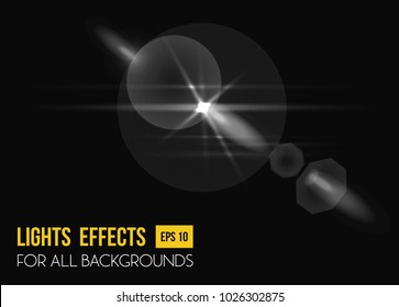 Sunbeam shining through lens, sun light effect. Abstract sunlight radiance of beam light effect background, illumination of star. May be used for sunset or sunshine light effects, flyer background