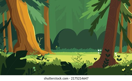 Sunbeams falling deep into a dense forest. Jungle full of plants and trees.