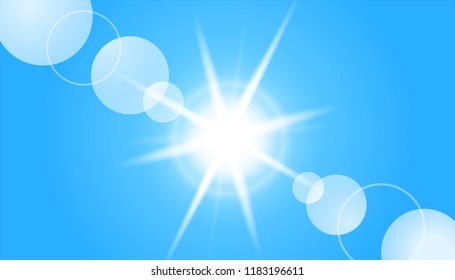 Sunbeams And Flares Over Blue Sky Background - Bright Vector Illustration