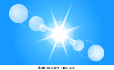 Sunbeams And Flares Over Blue Sky Background - Bright Vector Illustration