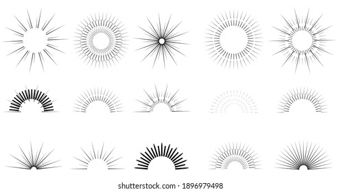 Sunbeams line set. Sun flashes, black round and semicircular icons. Explosion sparks, pattern. Glow effect.Decorative objects of linear contour. Vector illustration