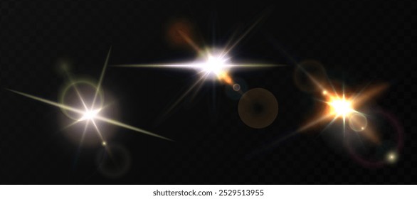 Sunbeams, sunlight glare effects, sun rays light. Realistic vector illustration flares, glowing effects. 