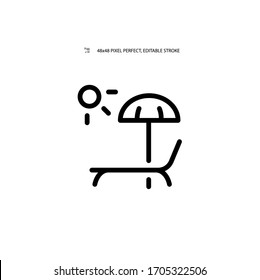 Sunbed and beach umbrella, beach simple black line web icon vector illustration. Editable stroke. 48x48 Pixel Perfect.
