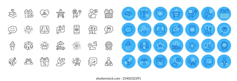 Sunbed, Buyer and Fireworks line icons pack. Smartphone buying, Online discounts, Gift dream web icon. Discount offer, Gps, Buying process pictogram. Flight sale, Gas grill. Color icon buttons. Vector