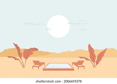 Sunbed by the pool in desert, under large tropical leaves. Idyllic paradise resort on wonderful nature. Honeymoon, luxury rest, solitude vacation concept. Abstract minimal landscape with sun, hills.