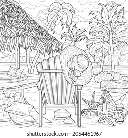 
Sunbed by the sea near the bungalows and palm trees. Landscape.Coloring book antistress for children and adults. Illustration isolated on white background.Zen-tangle style. Hand draw