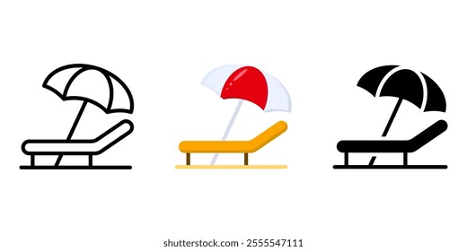 Sunbed color flat icon. Beach chair with umbrella symbol. Vacation sign. Relax sunbathing color illustration. Chaise lounge pictogram.