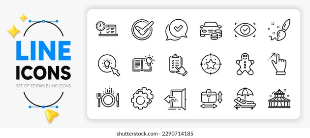 Sunbed, Energy and Buy car line icons set for app include Circus, Food, Entrance outline thin icon. Online test, Star target, Gingerbread man pictogram icon. Product knowledge. Vector