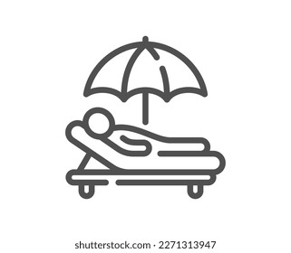 Sunbed line icon. Lounge beach chair sign. Vacation umbrella symbol. Quality design element. Linear style sunbed icon. Editable stroke. Vector