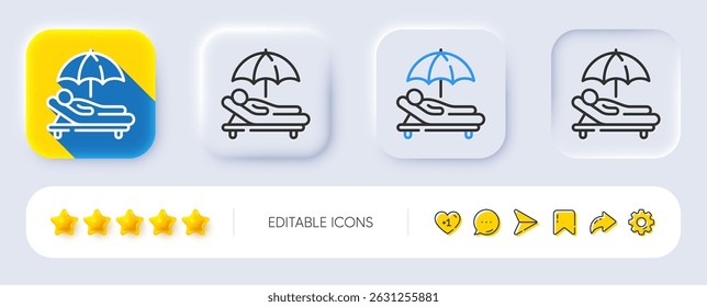 Sunbed line icon. Neumorphic, Flat shadow, 3d buttons. Lounge beach chair sign. Vacation umbrella symbol. Line sunbed icon. Social media icons. Vector