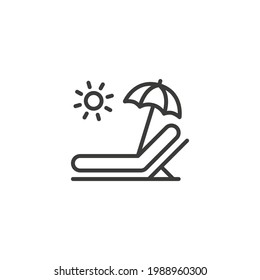 Icono de línea de unión. Estilo de contorno simple. Resort, playa, silla, mobiliario, tumbonas, sombrillas, relajación, mar, concepto de verano. Ilustración vectorial aislada en fondo blanco. EPS de trazo delgado 10.