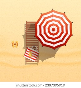 Sunbed, lounger and umbrella on the beach top view. Summer Sale Web banner