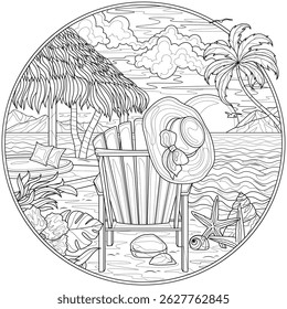 Sunbed on the beach by the sea near the bungalows in a round frame. Landscape.Coloring book antistress for children and adults. Illustration isolated on white background.Zen-tangle style. Hand draw