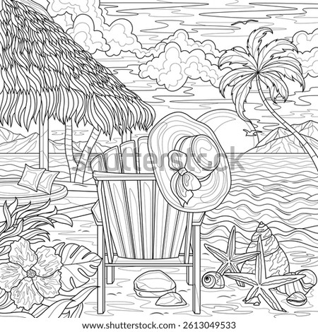 Sunbed on the beach by the sea near the bungalows. Landscape.Coloring book antistress for children and adults. Illustration isolated on white background.Zen-tangle style. Hand draw