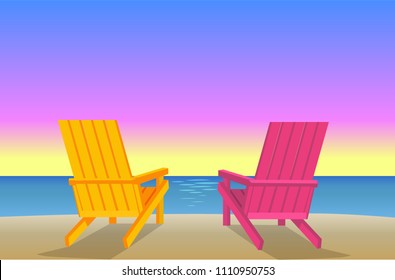 Sunbed on beach pair of chaise-lounges at coastline vector illustration, two wooden recliners, sandy shore near sea or ocean summertime landscape.