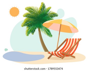 Sunbed on the beach under a palm tree by the sea