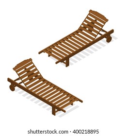 Sunbed for relaxing and sunbathing. Wooden beach bench. Hobby on vacation. A place to rest. Icon for a travel company. Vector illustration.