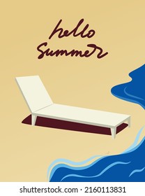 The sunbed stands on the beach near the ocean. Vector illustration. Hello summer, background, postcard.