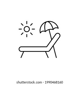 sunbed and umbrella icon in flat black line style, isolated on white background 