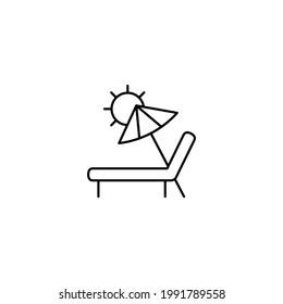 sunbed and umbrella icon in flat black line style, isolated on white background 