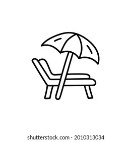 Icono de paraguas y cama de sol con estilo de línea negra plana, aislado en fondo blanco 