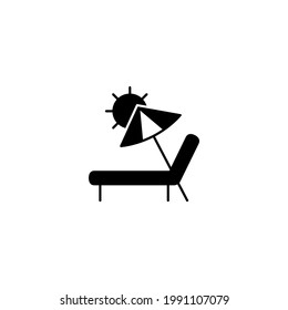 sunbed and umbrella icon in solid black flat shape glyph icon, isolated on white background 