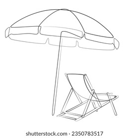 Sunbed and umbrella line art. Vector illustration. Beach umbrella and chair for holiday, summer and vacation concept. Continuous one line drawing of beach sun bed. 