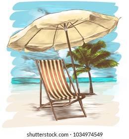 sunbed and umbrella on the background of a sandy beach and palm tree sketch vector graphics color picture