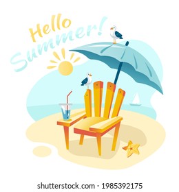 Sunbed With Umbrella On The Beach. Summer Beach. Vector Illustration.