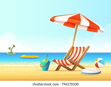 Sunbed and umbrella on a sandy beach. Summer Holiday with Sea View Concept