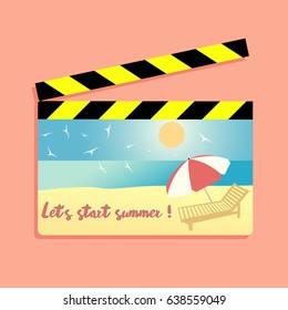 Sunbed and umbrella from the sun on the beach at the open ocean, in a flat style, against the background of an open movie. Let's start the summer with the text.