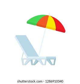 Sunbed and umbrella vector icons isolated. Chaise-lounge protective shelter, plastic deck chair on beach rest. Summertime accessories objects on white