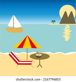 Sunbed under an umbrella on the beach with a cocktail in a coconut on the table. boat mountain sea