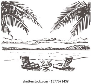 Sunbeds with a round table on the sandy palm beach. Samui hand drawn sketch illustration. Isolated on white background.