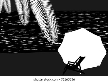 Sunbeds and sun umbrellas are at the beach. Black and white contrast image.