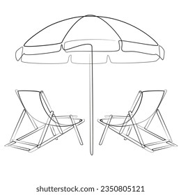 Sunbeds and umbrella line art. Beach umbrella and two chairs. Continuous one line drawing of beach sun beds. Travel summer seaside hand drawn. Illustration line vector. Tourism and vacation concept.