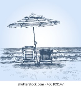 Sunbeds And Umbrella On The Beach. Summer Holiday Drawing