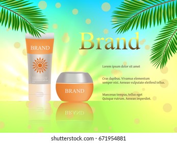 sunblock, 3D vector realistic with palm trees against a bright background. Design, cosmetics, advertising, poster, banner.