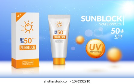 Sunblock ad template. Sun protection cosmetic. Moisturizer cream vector design background.