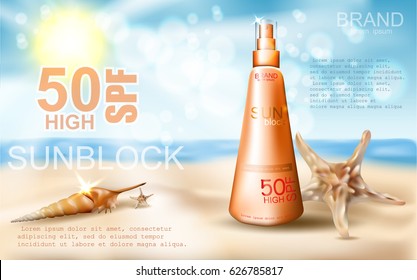 Sunblock ad template, sun protection, sunscreen and sunbath cosmetic product on  beach summer background. SPF protect. vector realistic illustration EPS 10