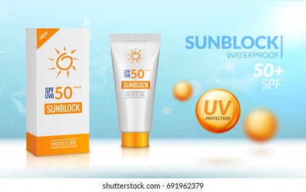 Sunblock ad template. Sun protection cosmetic. Moisturizer cream vector design background.