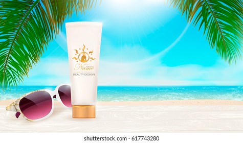 Sunblock ads template, gold tube, sun glasses on white wood boards, palm leaves, sea, sky. Protection cosmetic products design, moisturizer cream, liquid. Drawn elements,vector illustration.