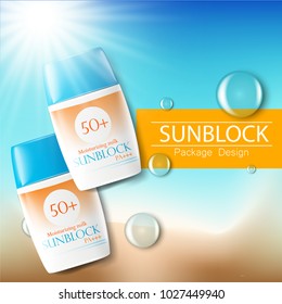 Sunblock ads template, sun protection cosmetic products. 3D illustration for magazine or ads.Bottle products design with moisturizer milk, cream or liquid.