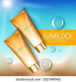 Sunblock ads template, sun protection cosmetic products. 3D illustration for magazine or ads.Bottle products design with moisturizer milk, cream or liquid.